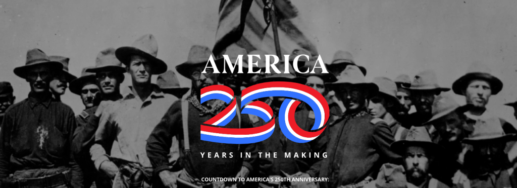Historic black and white photograph of a group of men wearing hats, with a bold logo reading 'America 250 Years in the Making' overlaying the image, celebrating America's 250th anniversary.